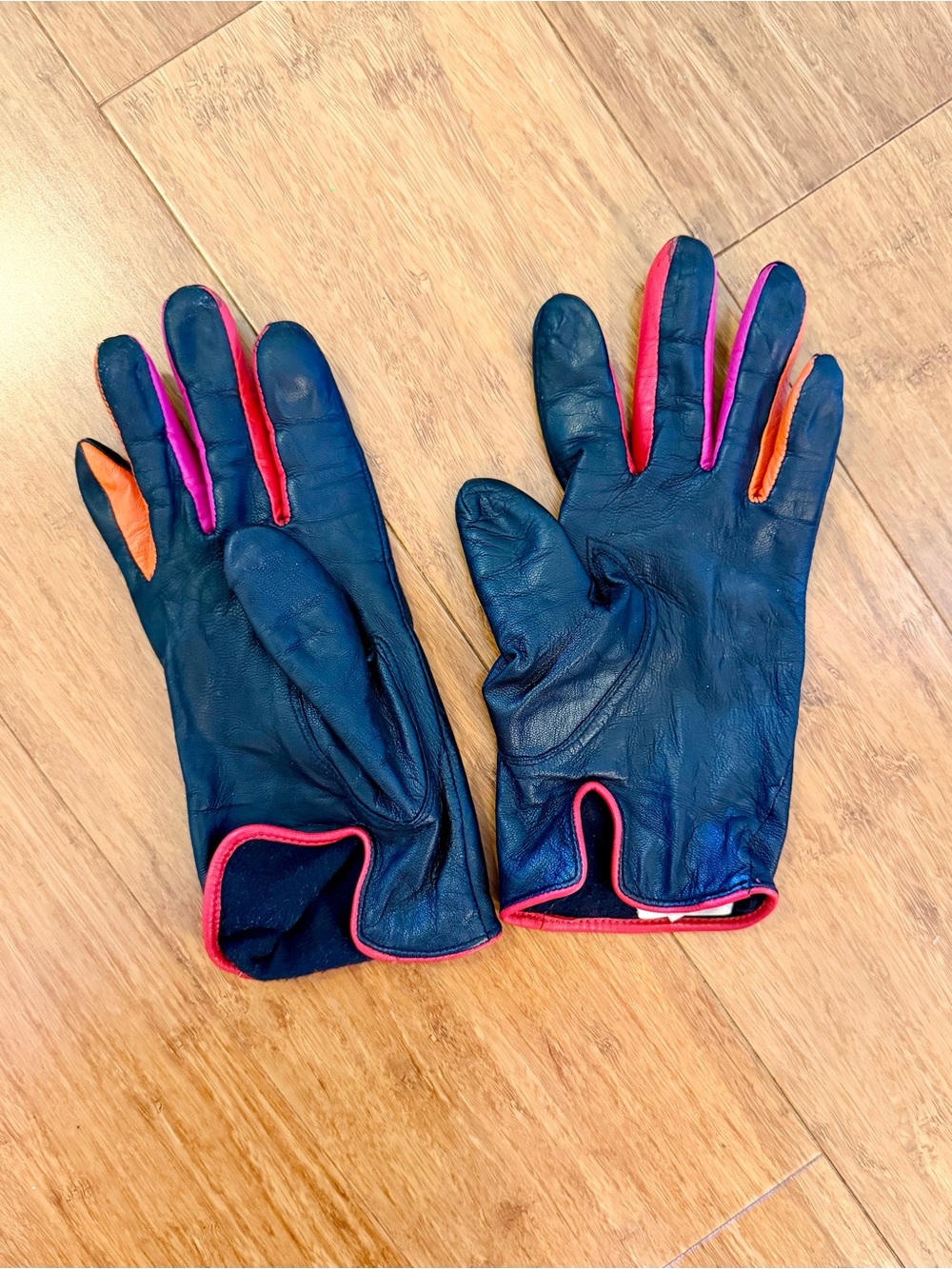 Black Kate Spade Leather Gloves with Pink and Orange Trim